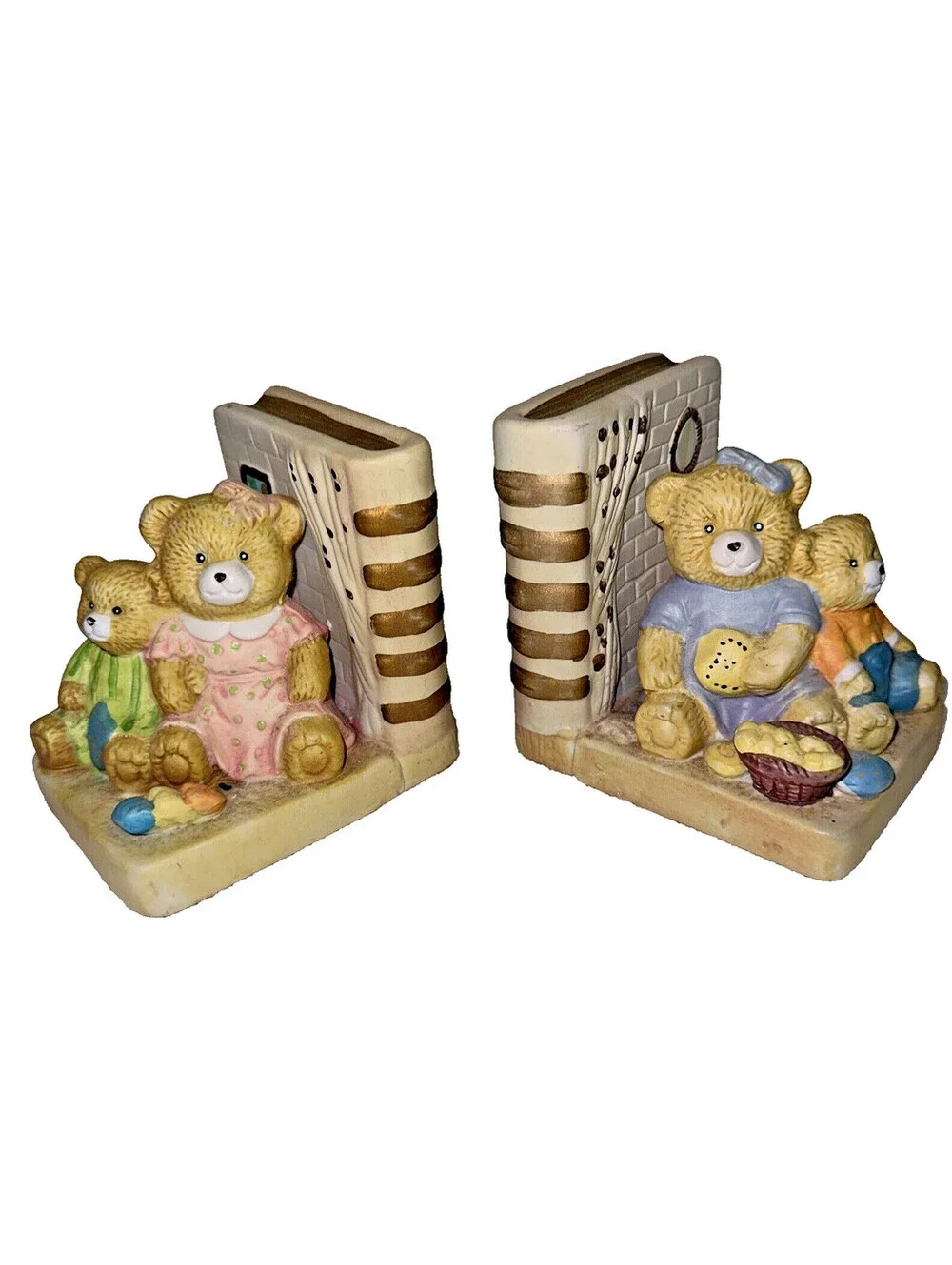 Vintage Hand Painted Teddy Bear Porcelain Bookends Child’s Room Play Room Decor
